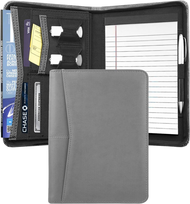 Gorbado Junior Business Padfolio - A5 PU Leather Portfolio Binder & Zippered Binder Folder with 5 x 8 Writing Pad and Interior Storage Pocket Executive Business Organizer for Men Women,Gray - Image 1